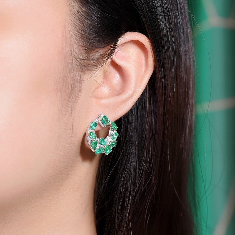 14k Gold 5.41 Ctw Natural Emerald & Diamond Earrings - 6