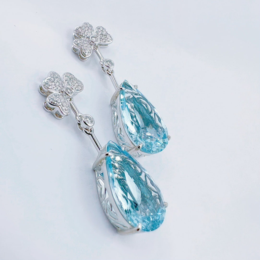 14k Gold 11.00 Ctw Natural Aquamarine & Diamond Earrings - 2