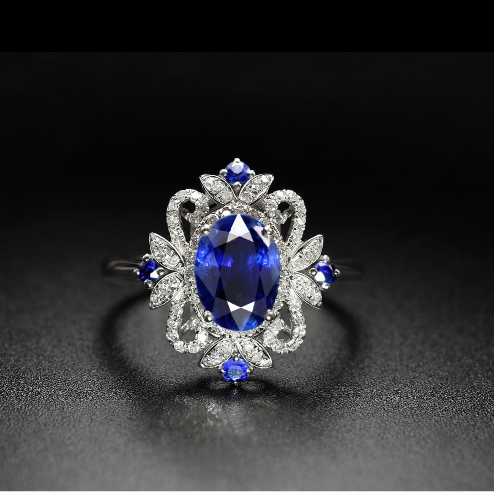 14k Gold 2.12 Ctw Natural Sapphire & Sapphire Ring: Ref:231118068 // gold content:14k gold // ring size:7. 25us // // main gemstone:sapphire // shape:oval // carat weight:2. 01ct // color:blue // treatment:natural // // adjacent gemstone 2 :