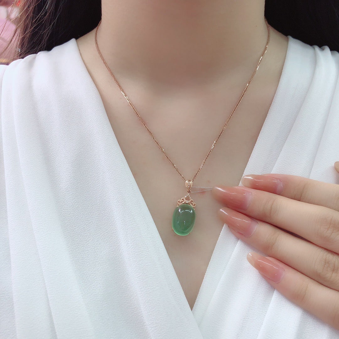 14k Gold 17.54 Ct Natural Prehnite & Diamond Pendant( Without Chain ) - 6