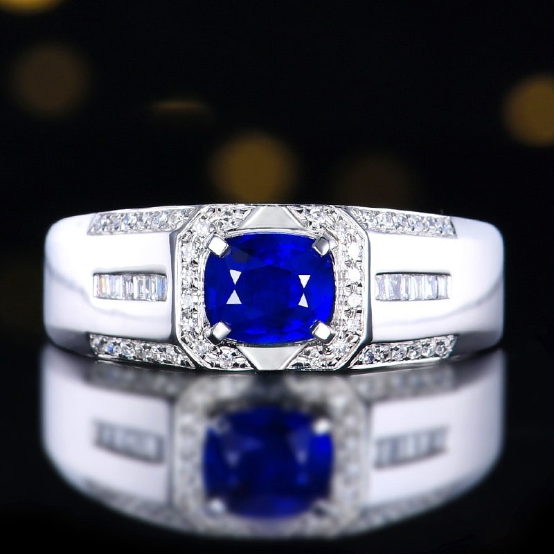 14k Gold 1.09 Ctw Natural Sapphire & Diamond & Men¡¯s Ring: Ref:231118081 // gold content:14k gold // ring size:8us // // main gemstone:sapphire // shape:cushion // carat weight:0. 97ct // color:royal blue // treatment:natural // // adjacent gemstone 2 :