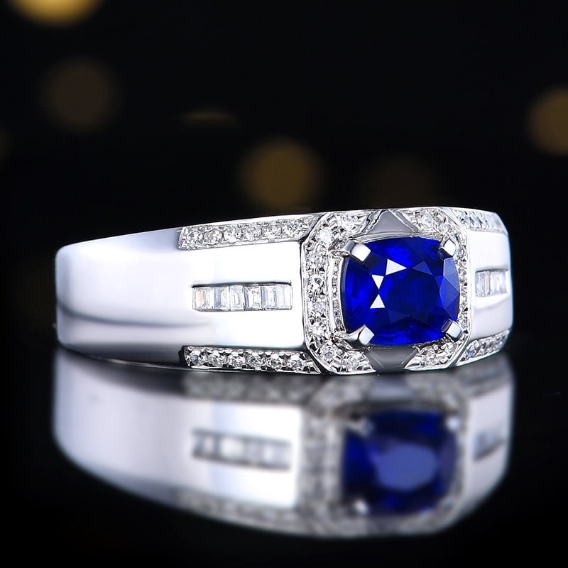 14k Gold 1.09 Ctw Natural Sapphire & Diamond & Men¡¯s Ring - 3