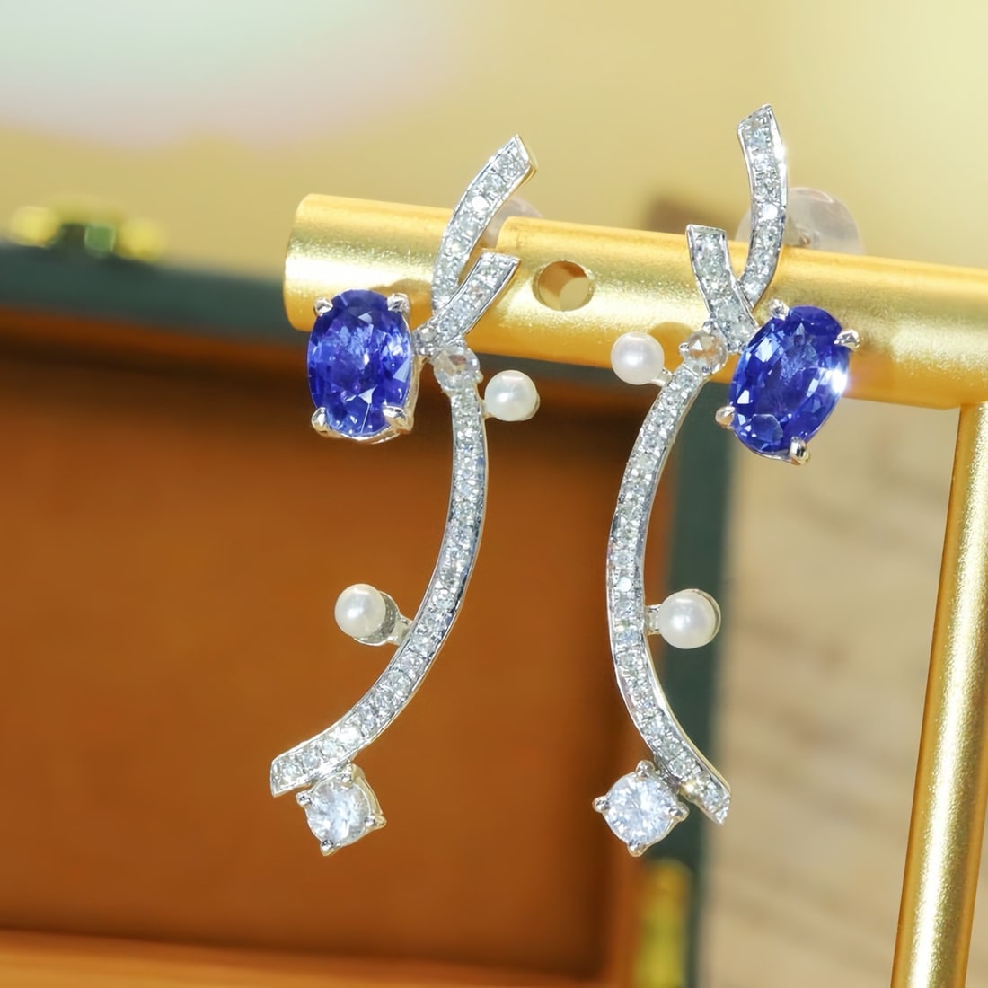 14k Gold 1.55 Ctw Natural Sapphire & Diamond Earrings - 4