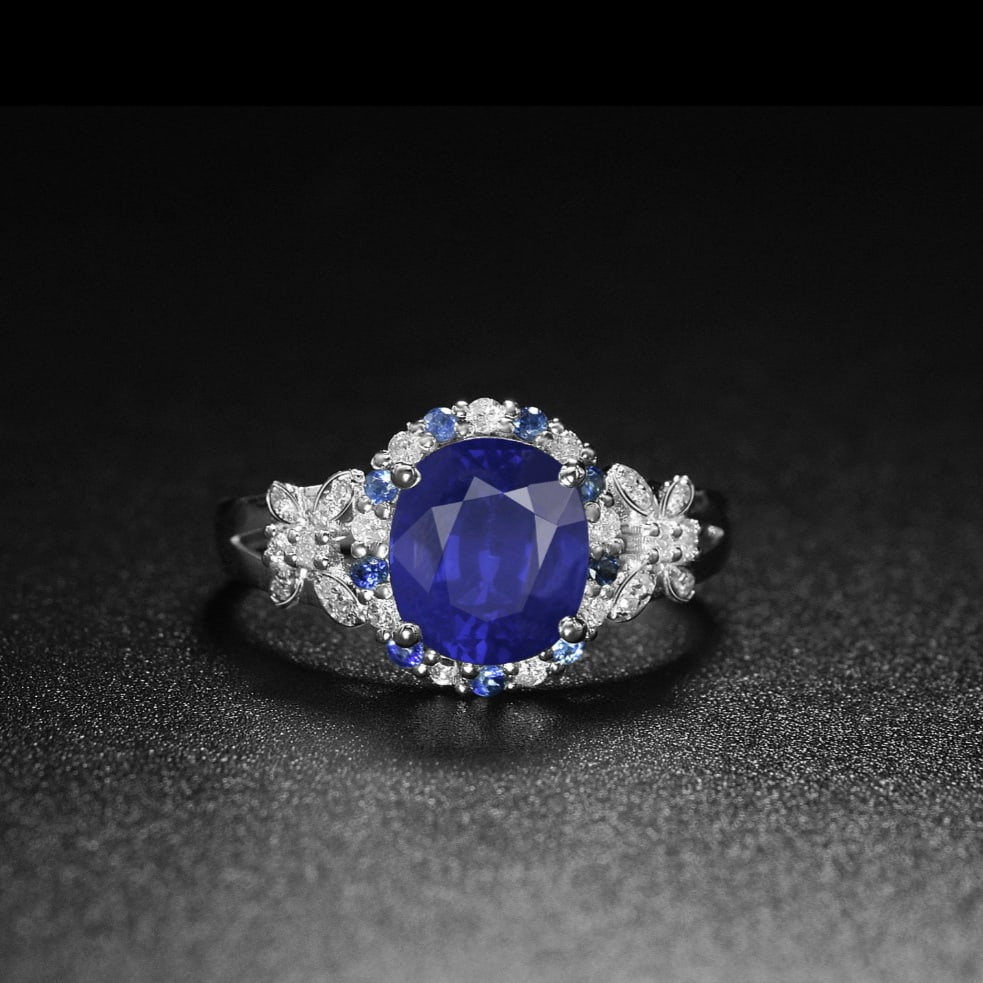 14k Gold 2.37 Ctw Natural Sapphire & Diamond Ring: Ref:231118090 // gold content:14k gold // ring size:7. 25us // // main gemstone:sapphire // shape:oval // carat weight:2. 12ct // color:blue // treatment:natural // // adjacent gemstone 2 :