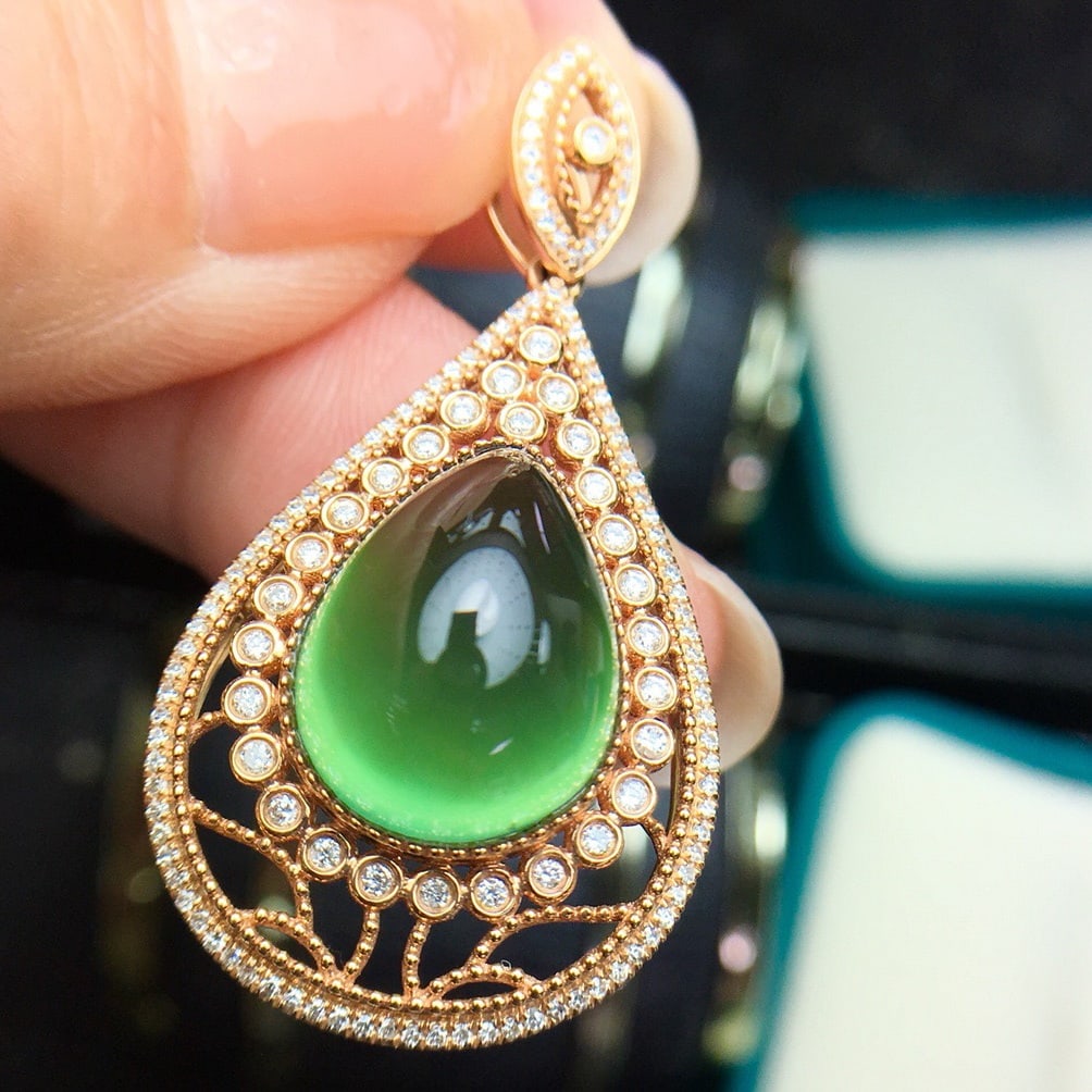 14k Gold 11.7 Ct Natural Prehnite & Diamond Pendant( Without Chain ) - 3