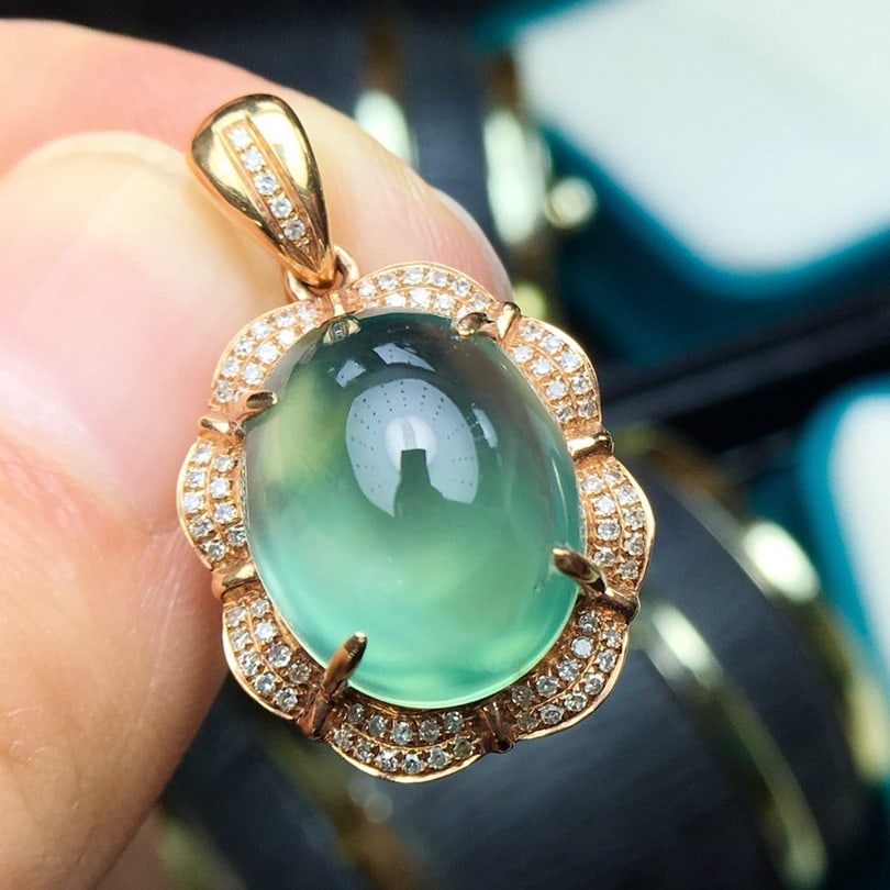 14k Gold 11.2 Ct Natural Prehnite & Diamond Pendant( Without Chain ) - 2