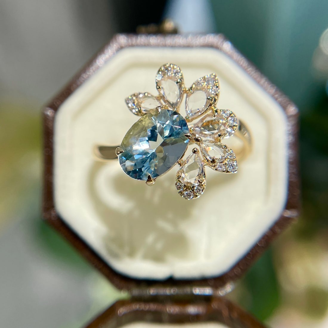 14k Gold 1 Ct Natural Aquamarine & Diamond & Sapphire Ring - 4