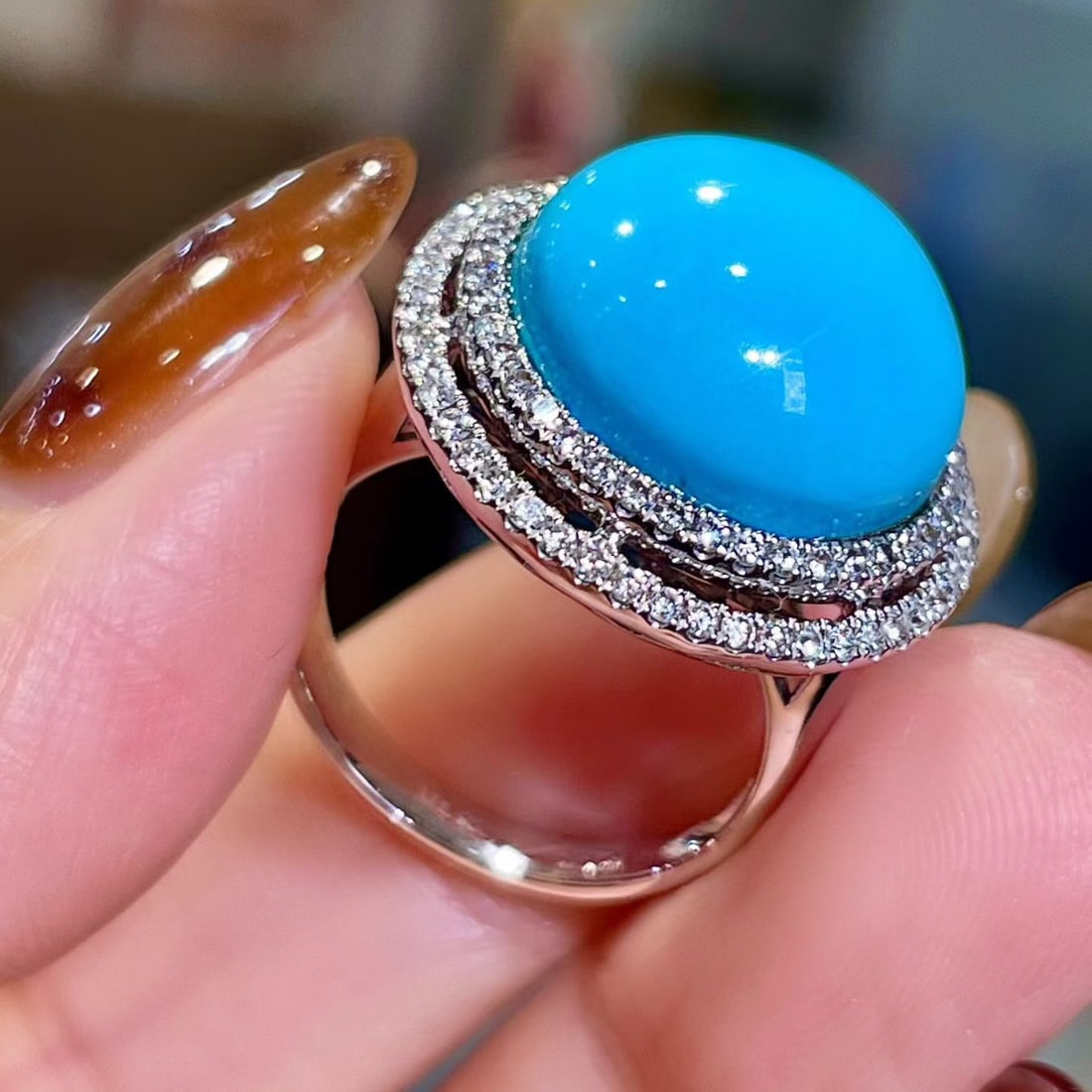 14k Gold 12.62 Ctw Natural Blue Turquoise & Diamond Ring - 3