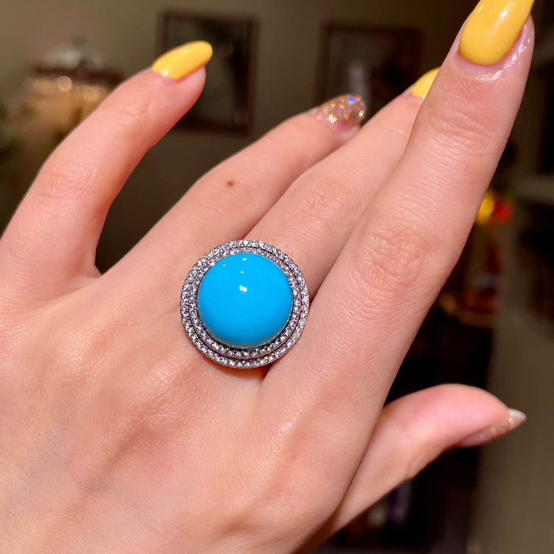 14k Gold 12.62 Ctw Natural Blue Turquoise & Diamond Ring - 4