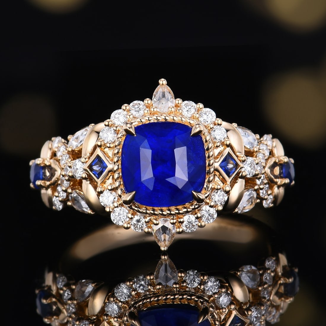 14k Gold 3.02 Ctw Natural Sapphire & Diamond Ring: Ref:231118159 // gold content:14k gold // ring size:7. 25us // // main gemstone:sapphire // shape:cushion // carat weight:2. 53ct // color:blue // treatment:natural // // adjacent gemstone 2 :