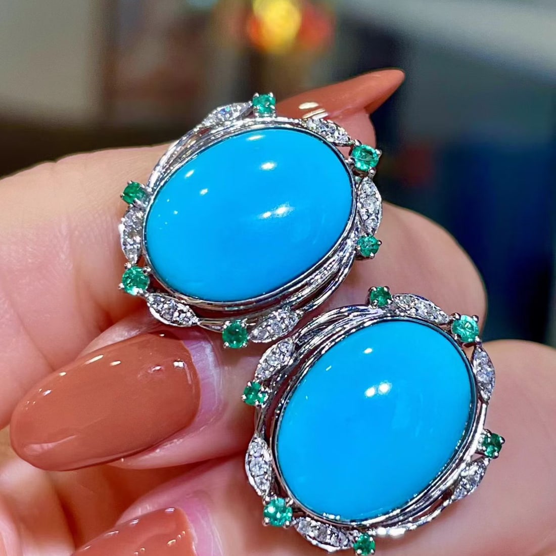 14k Gold 9.37 Ctw Natural Blue Turquoise & Emerald Earrings - 2