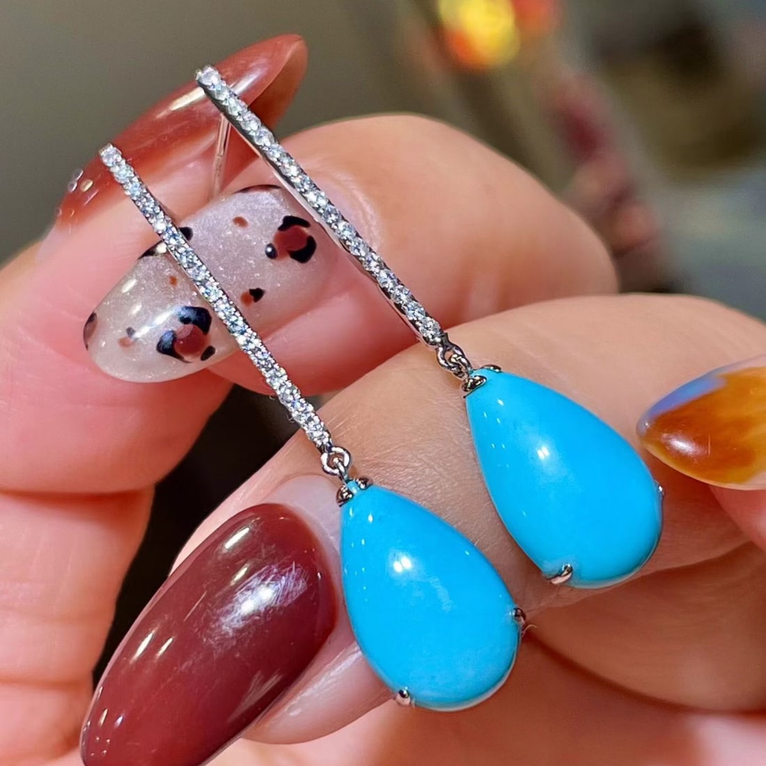 14k Gold 5.95 Ctw Natural Blue Turquoise & Diamond Earrings - 2