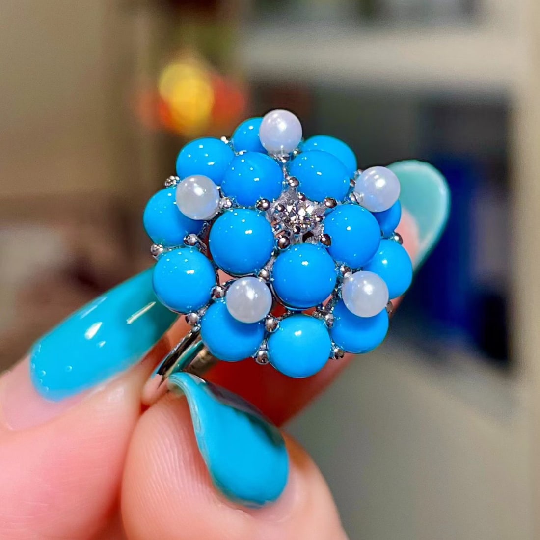 14k Gold 4.65 Ctw Natural Blue Turquoise & Diamond Ring - 3