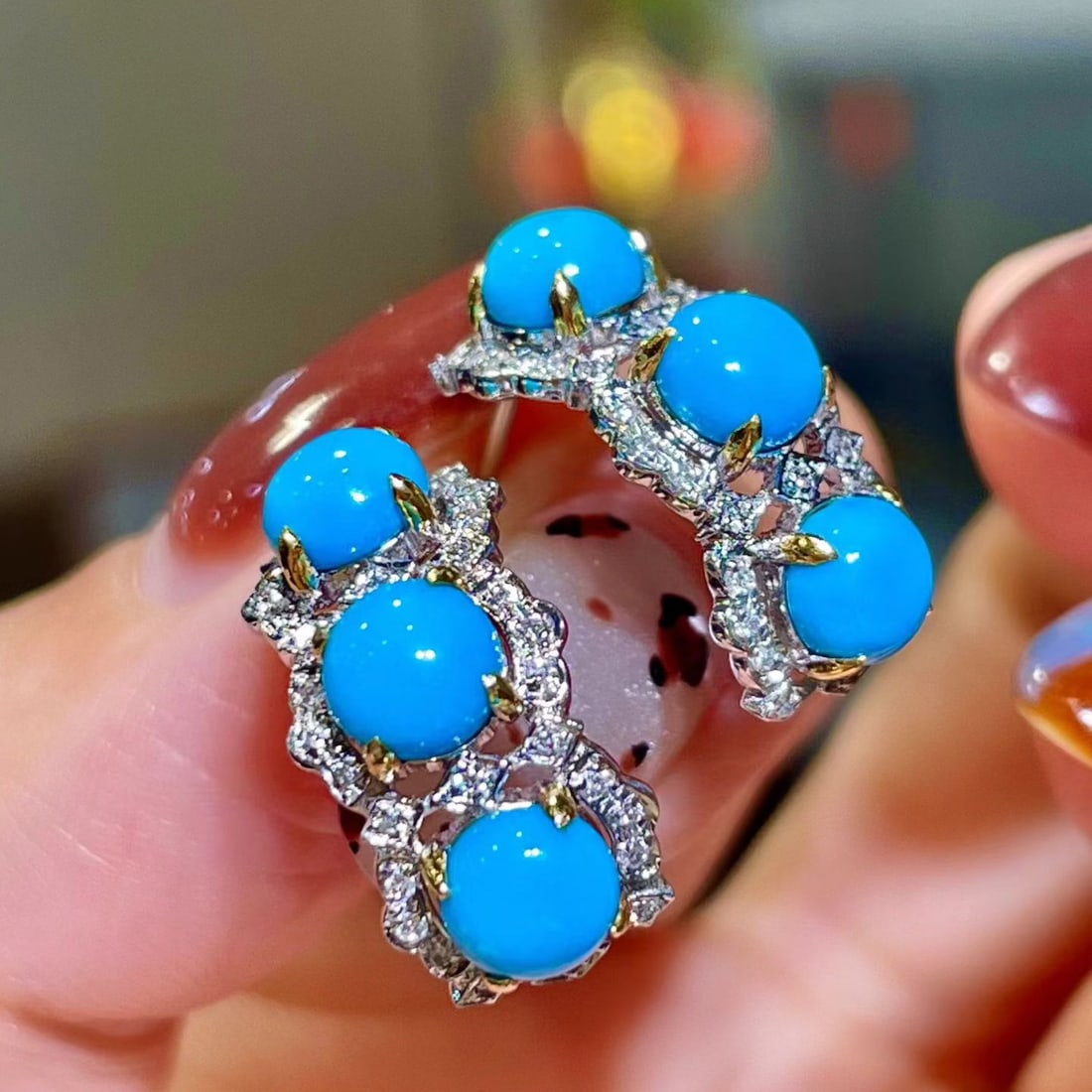 14k Gold 3.54 Ctw Natural Blue Turquoise & Diamond Earrings - 2