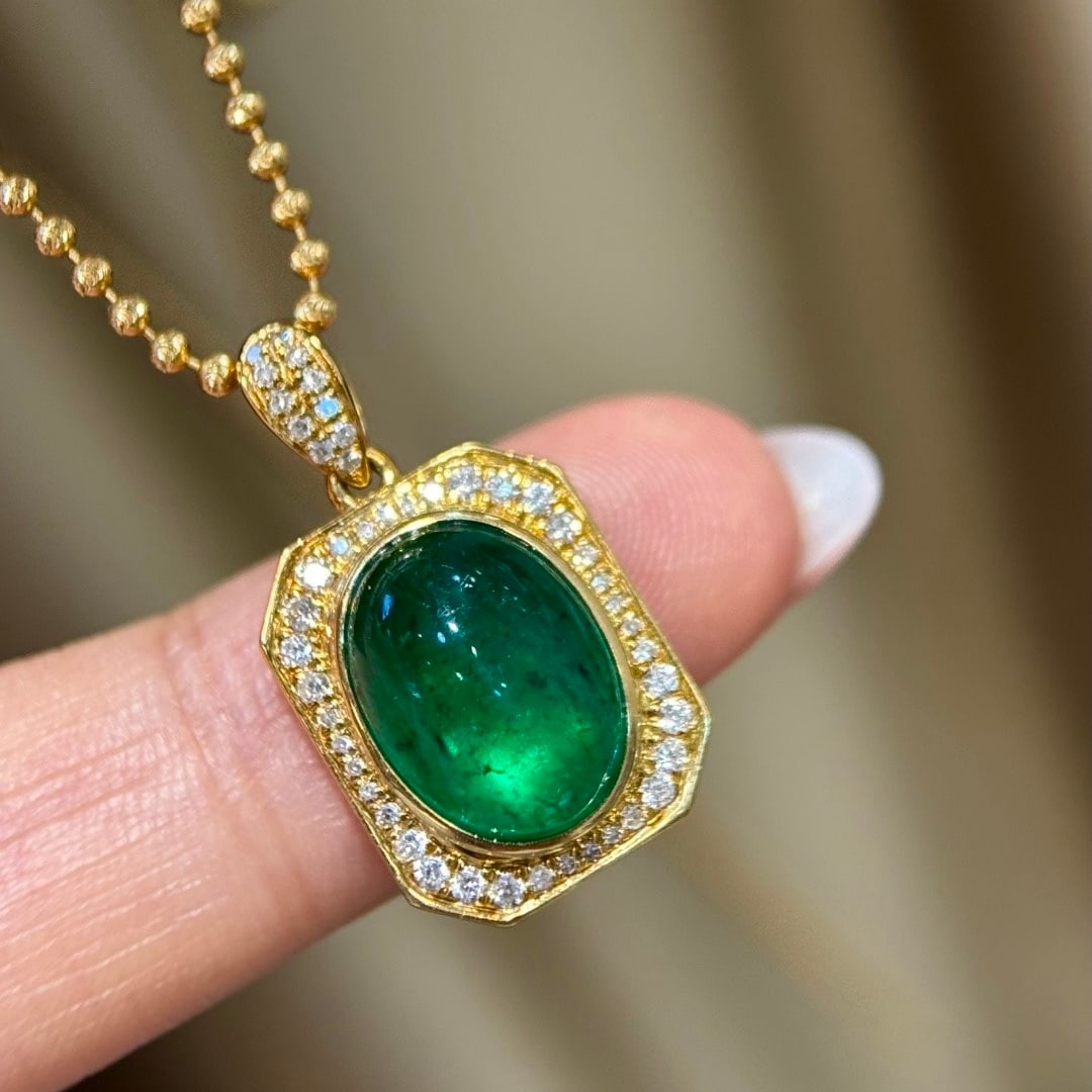 14k Gold 4.65 Ctw Vivid Green Natural Emerald & Diamond Pendant( Without Chain ) - 2