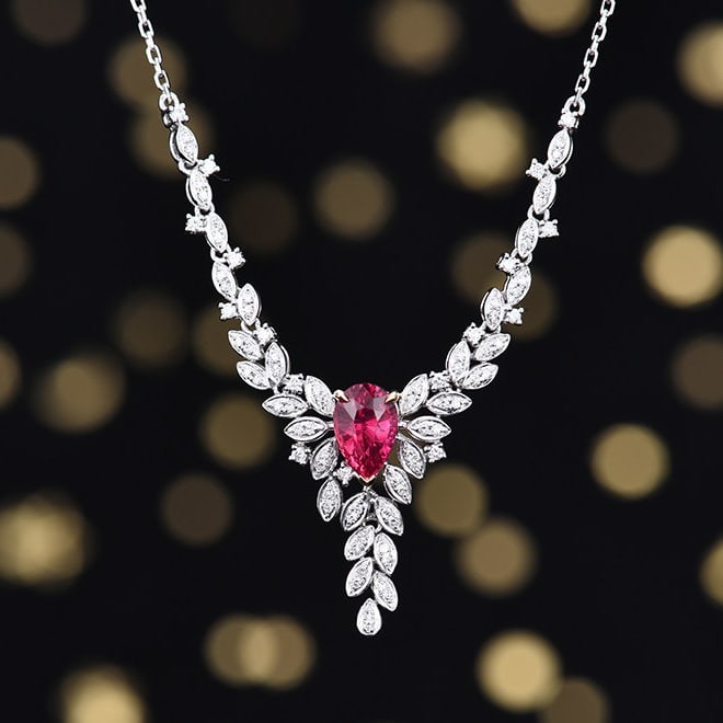 14k Gold 1.40 Ctw Natural Ruby & Diamond Necklace: Ref:231118231 // gold content:14k gold // main gemstone:ruby // shape:pear // carat weight:1. 12ct // color:red // treatment:natural // // adjacent gemstone 2 : diamond // number of stones:83 // shape