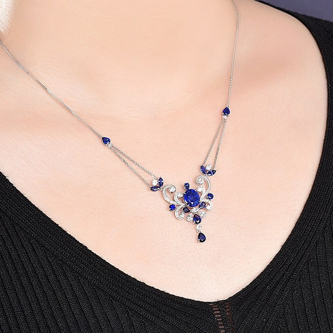 14k Gold 3.44 Ctw Natural Sapphire & Diamond Necklace - 6