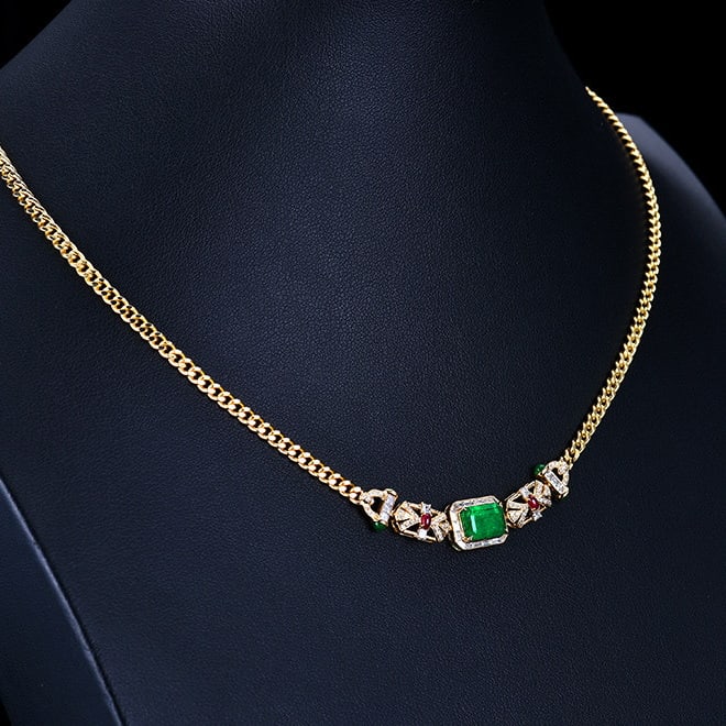 14k Gold 2.83 Ctw Vivid Green Natural Emerald & Diamond Necklace - 2