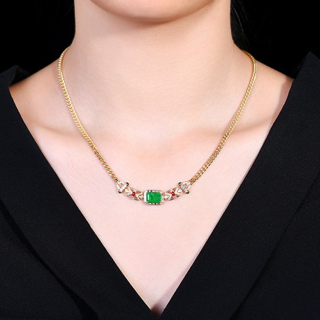14k Gold 2.83 Ctw Vivid Green Natural Emerald & Diamond Necklace - 6
