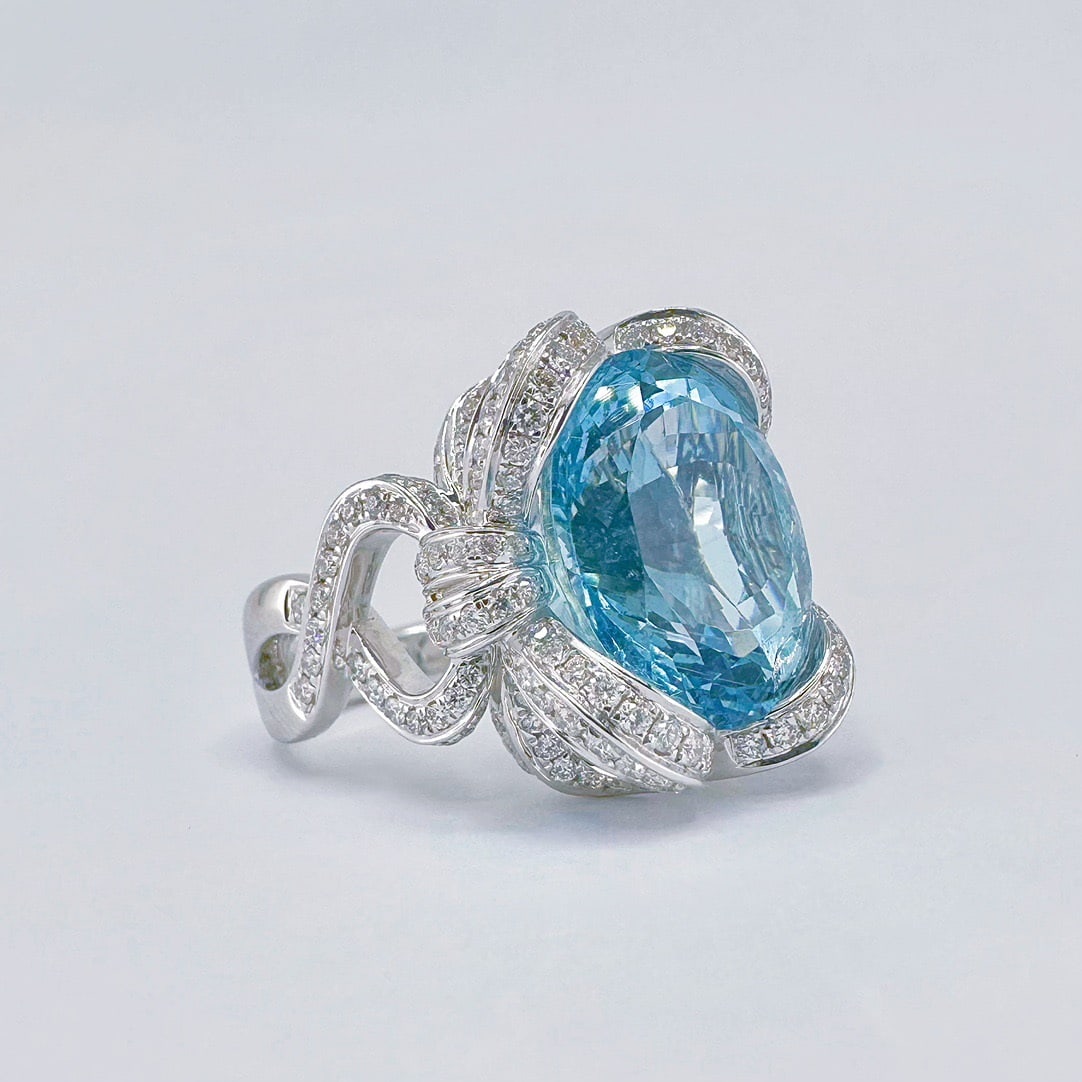 14k Gold 9.54 Ctw Natural Aquamarine & Diamond Ring - 2