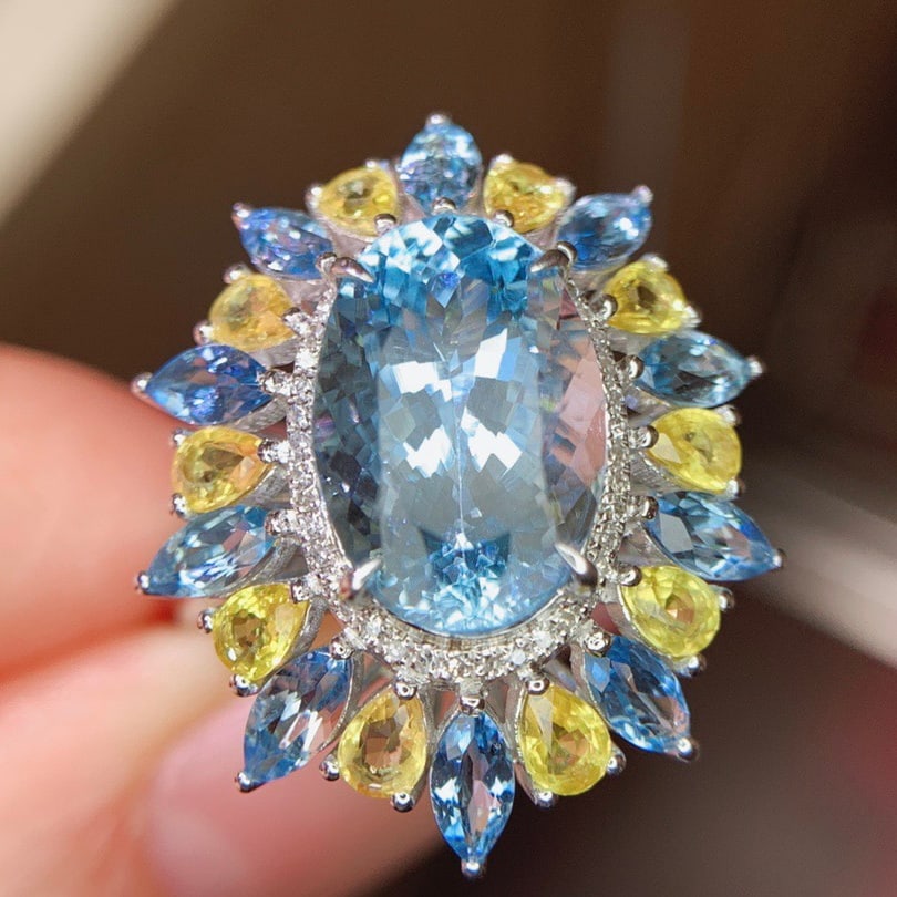14k Gold 8.8 Ctw Natural Aquamarine & Sapphire Ring/pendant( Without Chain ) - 4