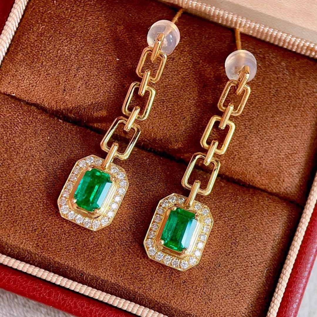 14k Gold 1.94 Ctw Vivid Green Natural Emerald & Diamond Earrings - 3
