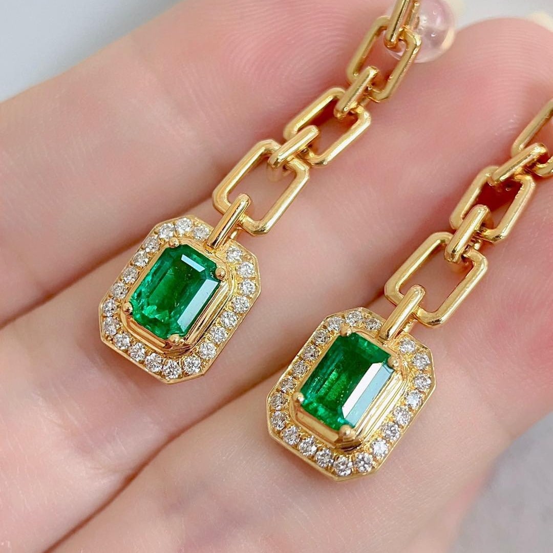 14k Gold 1.94 Ctw Vivid Green Natural Emerald & Diamond Earrings - 5