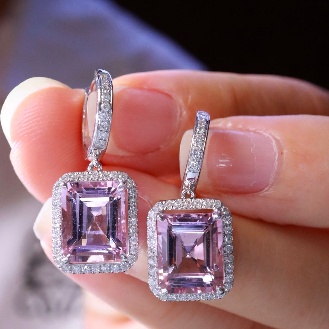 14k Gold 7.36 Ctw Natural Morganite & Diamond Earrings - 5