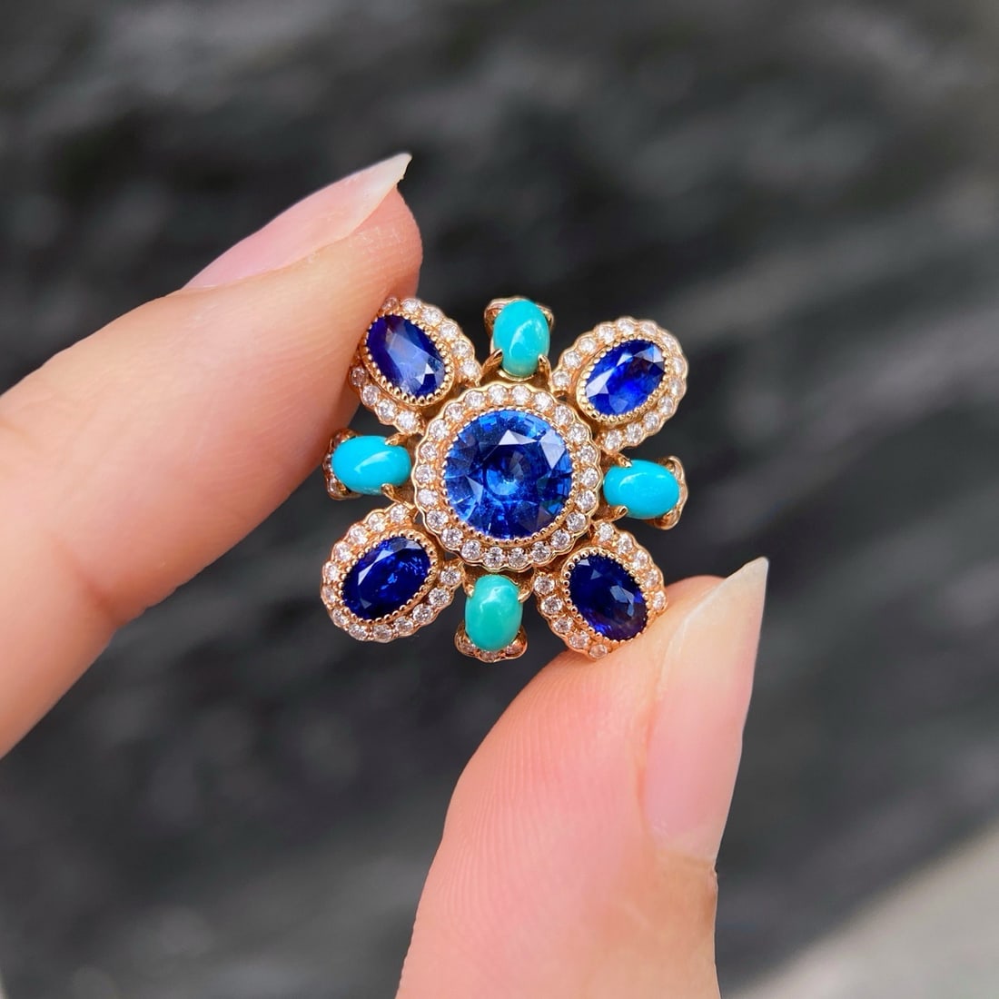 14k Gold 3.74 Ctw Natural Sapphire & Blue Turquoise & Diamond Ring - 2