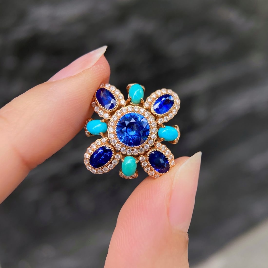 14k Gold 3.74 Ctw Natural Sapphire & Blue Turquoise & Diamond Ring - 3