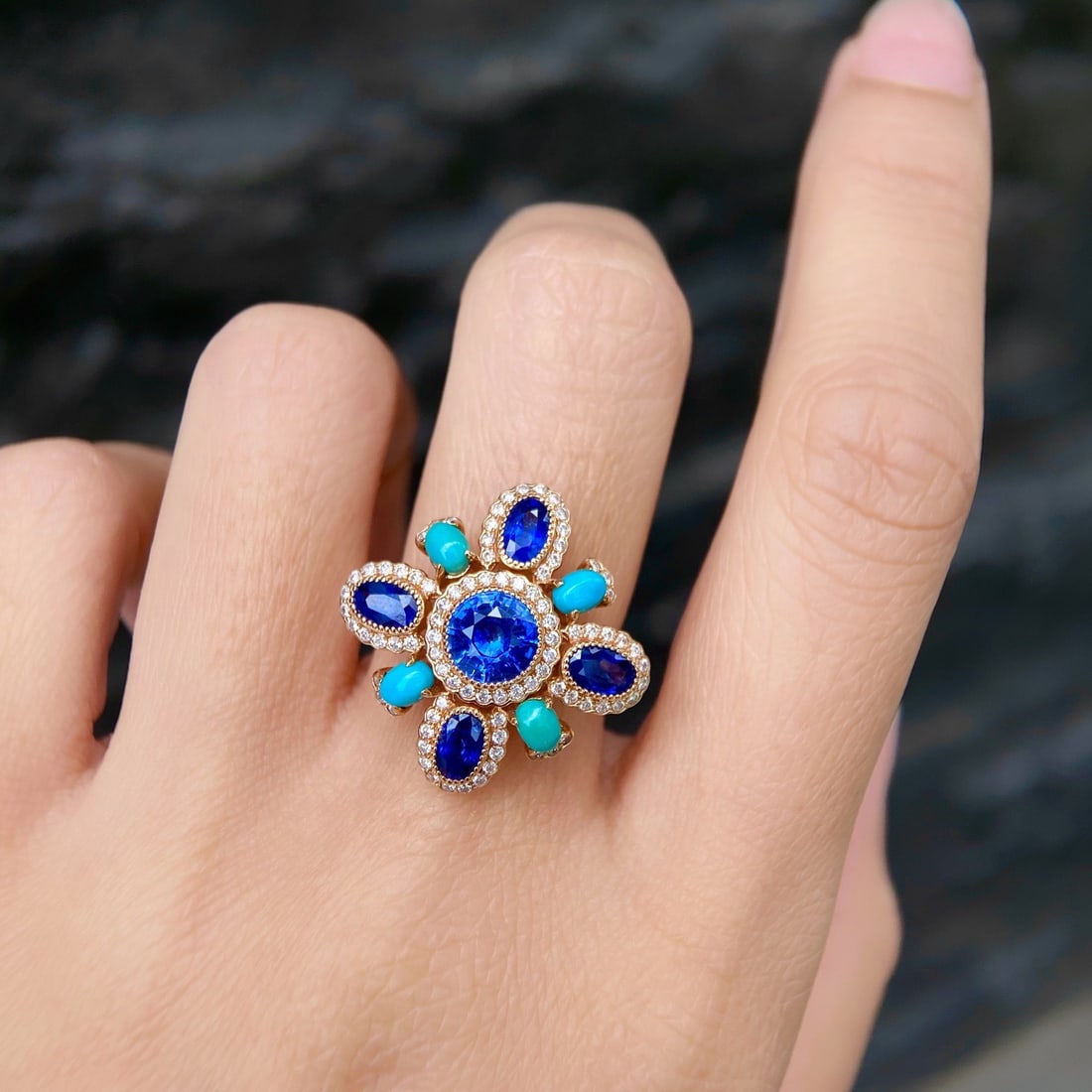 14k Gold 3.74 Ctw Natural Sapphire & Blue Turquoise & Diamond Ring - 4