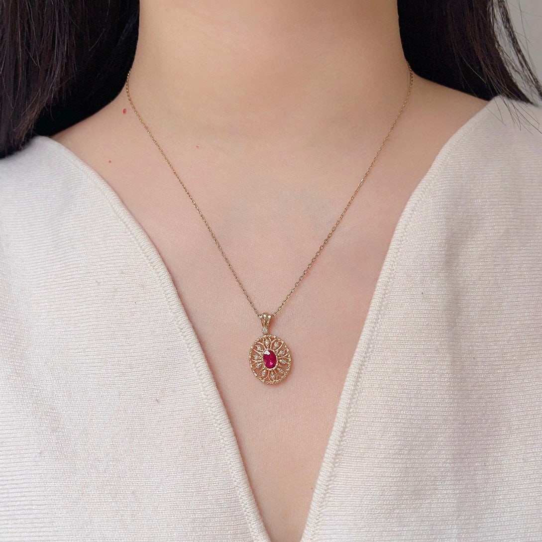 14k Gold 0.80 Ctw Natural Ruby & Diamond Pendant( Without Chain ) - 6