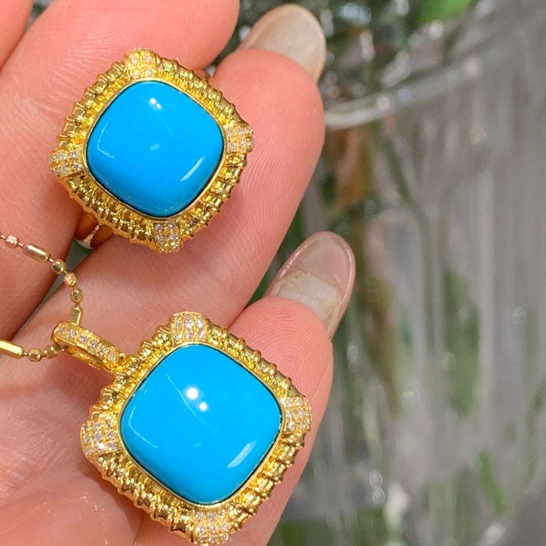 14k Gold 8.85 Ct Natural Blue Turquoise & Diamond Jewelry Set - 3