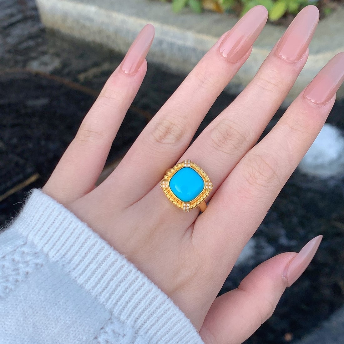 14k Gold 8.85 Ct Natural Blue Turquoise & Diamond Jewelry Set - 6