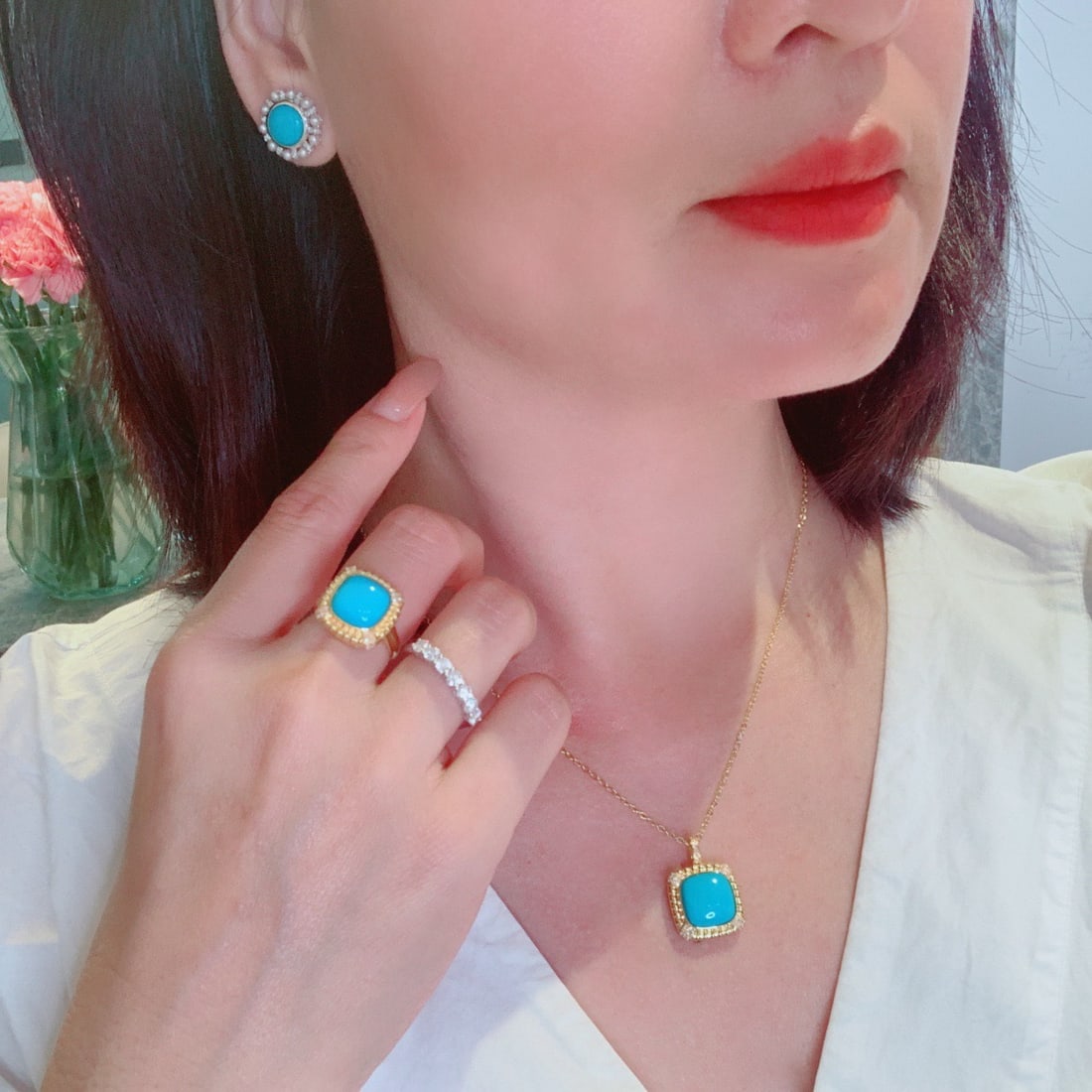 14k Gold 8.85 Ct Natural Blue Turquoise & Diamond Jewelry Set - 9