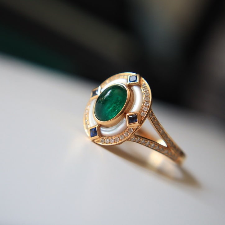 14k Gold 0.95 Ct Natural Emerald & Sapphire & Diamond Ring - 2