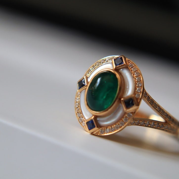 14k Gold 0.95 Ct Natural Emerald & Sapphire & Diamond Ring - 4