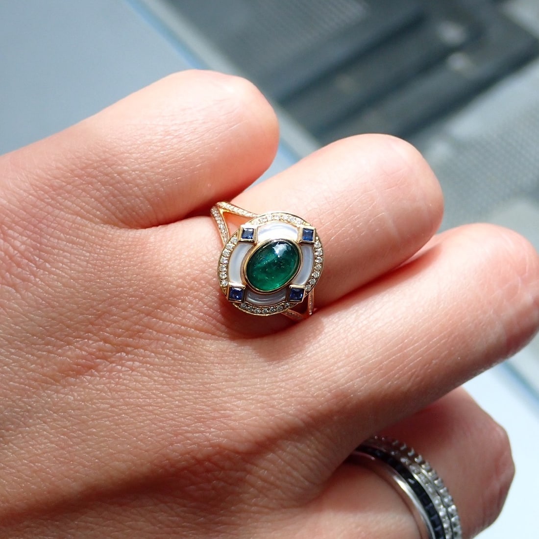 14k Gold 0.95 Ct Natural Emerald & Sapphire & Diamond Ring - 7