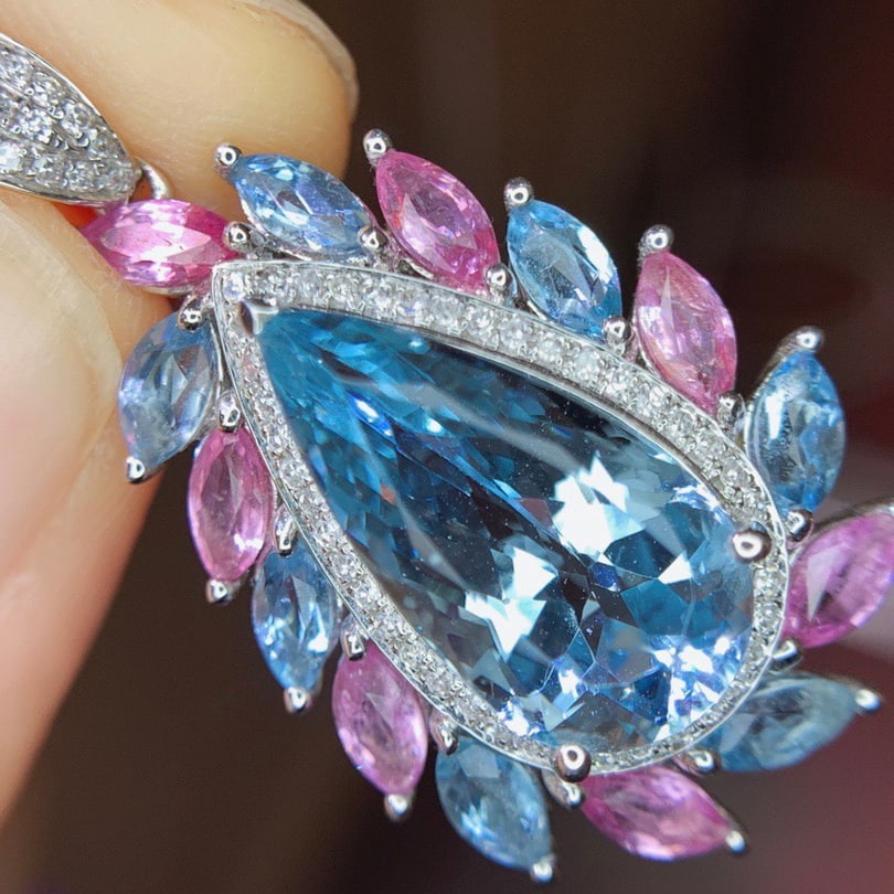 14k Gold 9.85 Ctw Natural Aquamarine & Sapphire Pendant( Without Chain ) - 5