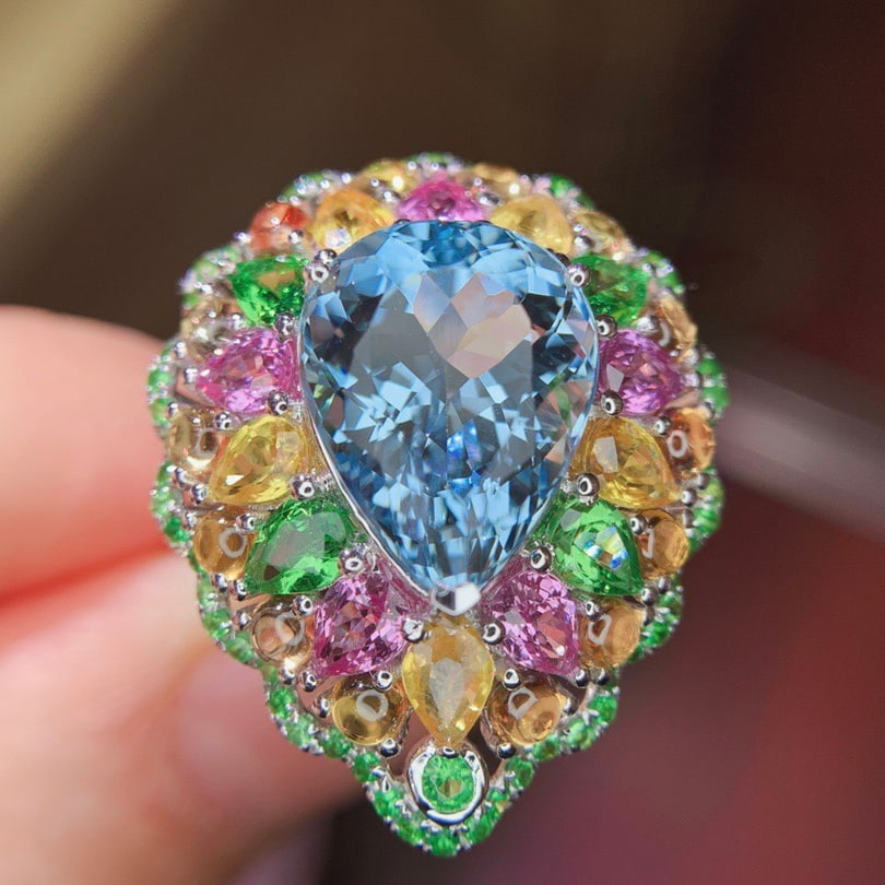 14k Gold 10.49 Ctw Natural Aquamarine & Sapphire & Tsavorite Ring - 5