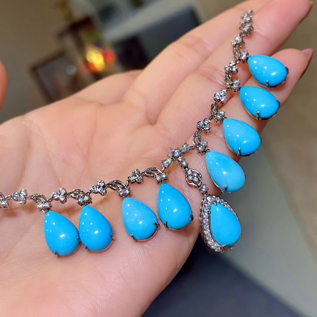 14k Gold 24.76 Ctw Natural Blue Turquoise & Diamond Necklace - 3