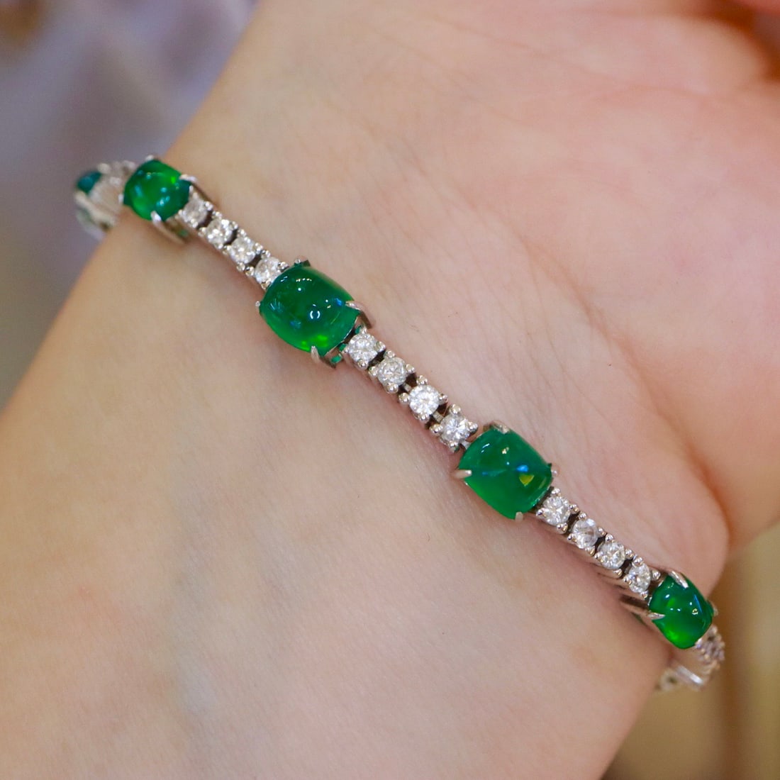 14k Gold 4.53 Ctw Vivid Green Natural Emerald & Diamond Bracelet - 2
