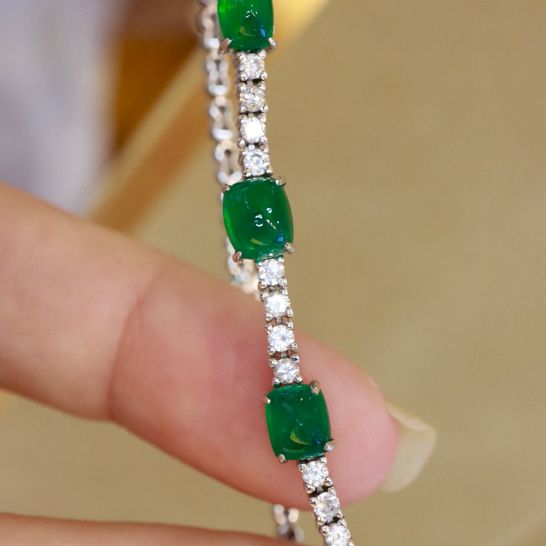 14k Gold 4.53 Ctw Vivid Green Natural Emerald & Diamond Bracelet - 7