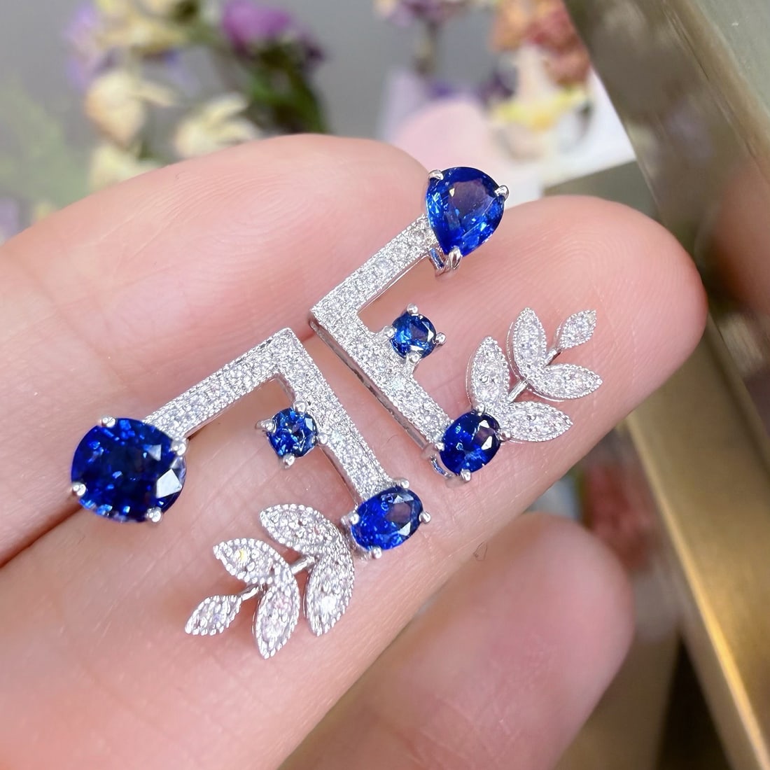 14k Gold 1.1 Ct Natural Sapphire & Diamond Earrings - 2