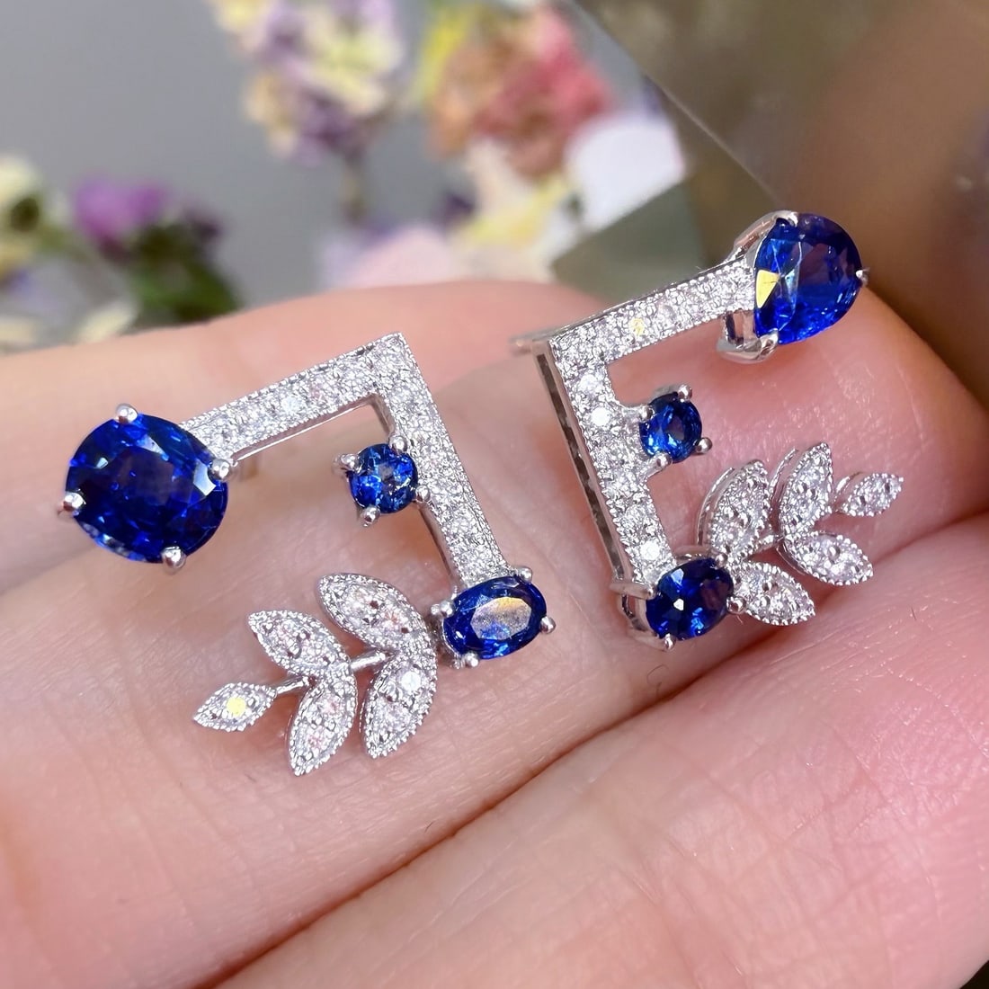 14k Gold 1.1 Ct Natural Sapphire & Diamond Earrings - 5