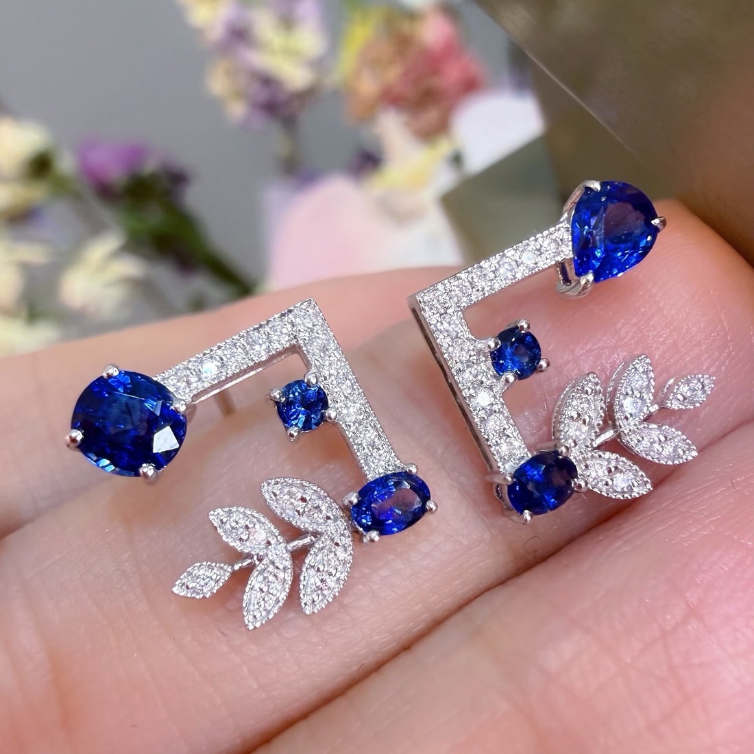 14k Gold 1.1 Ct Natural Sapphire & Diamond Earrings - 6