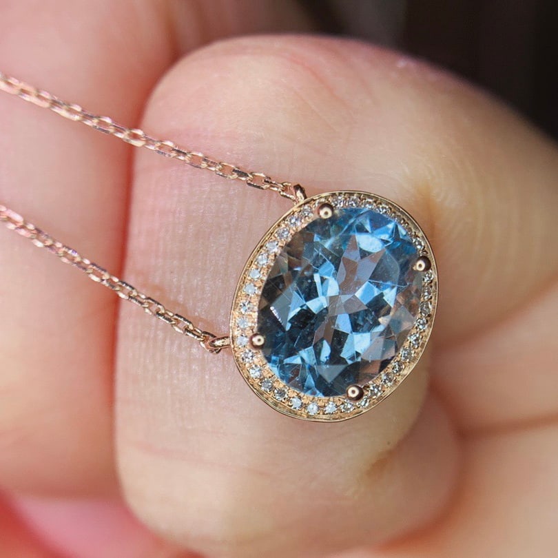 14k Gold 2.0 Ct Natural Aquamarine & Diamond Necklace - 6