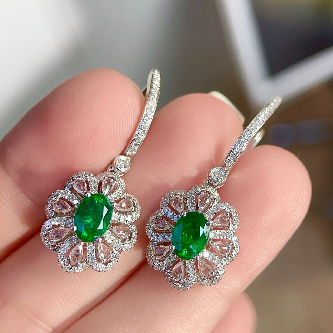 14k Gold 2.12 Ctw Vivid Green Natural Emerald & Diamond Earrings - 2