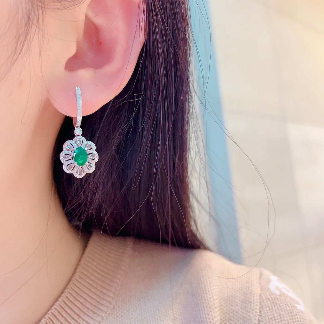 14k Gold 2.12 Ctw Vivid Green Natural Emerald & Diamond Earrings - 3