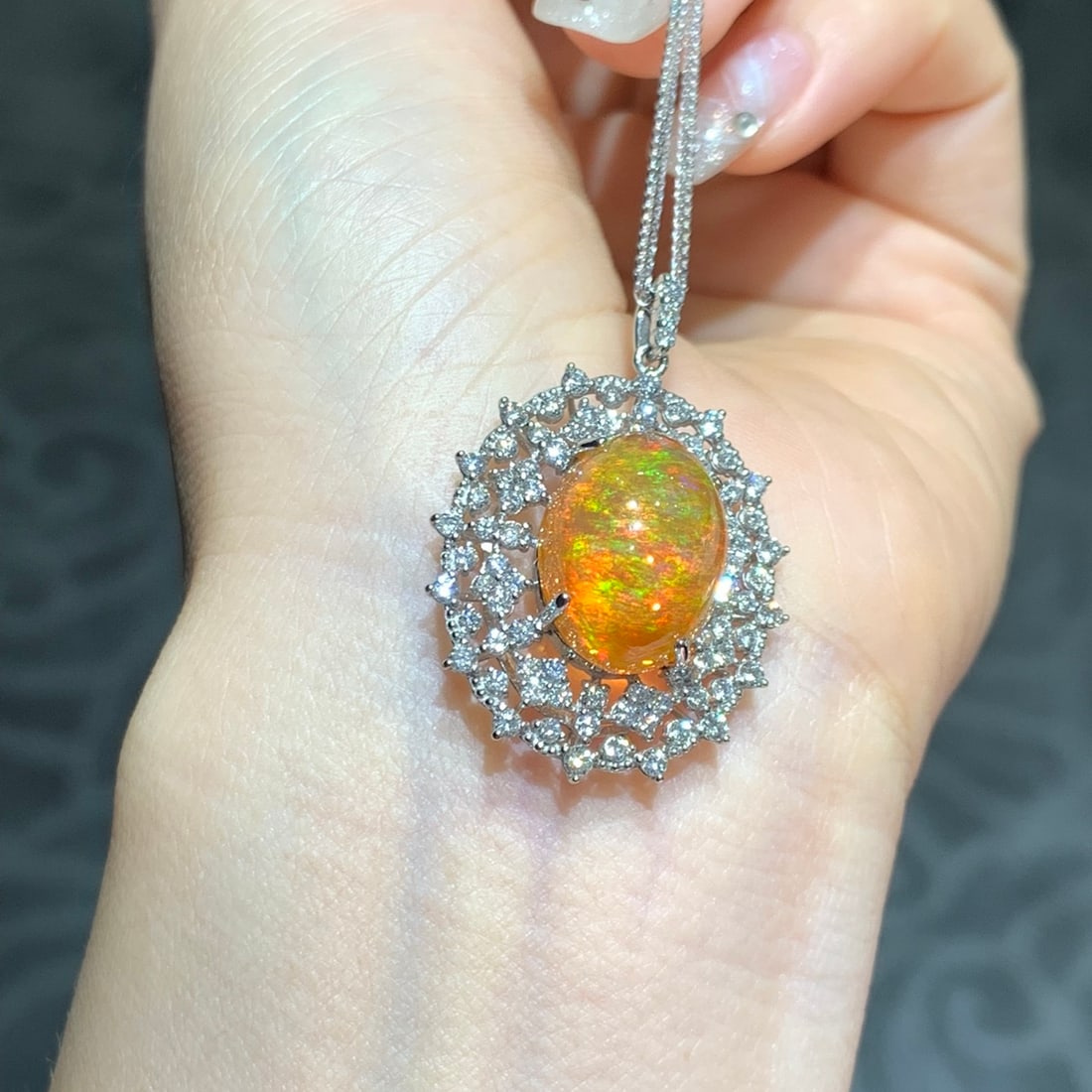 14k Gold 9.71 Ctw Natural Opal & Diamond Pendant( Without Chain ) - 2